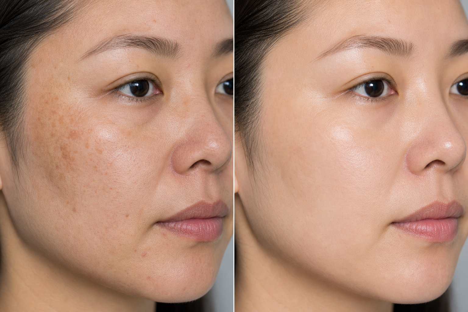 Before and after vitamin C facial treatment showing reduced hyperpigmentation