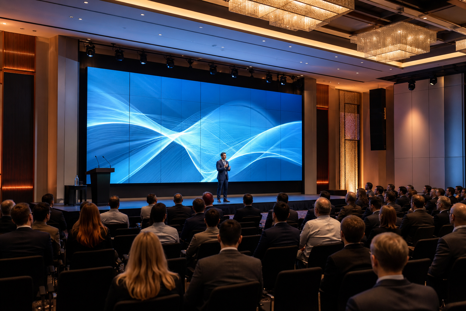 LED video wall screen at corporate event in Sunnyvale convention center