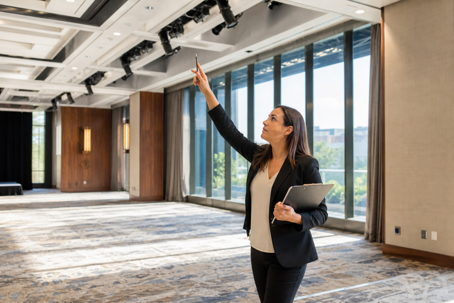 Event planner conducting venue walkthrough for AV equipment planning