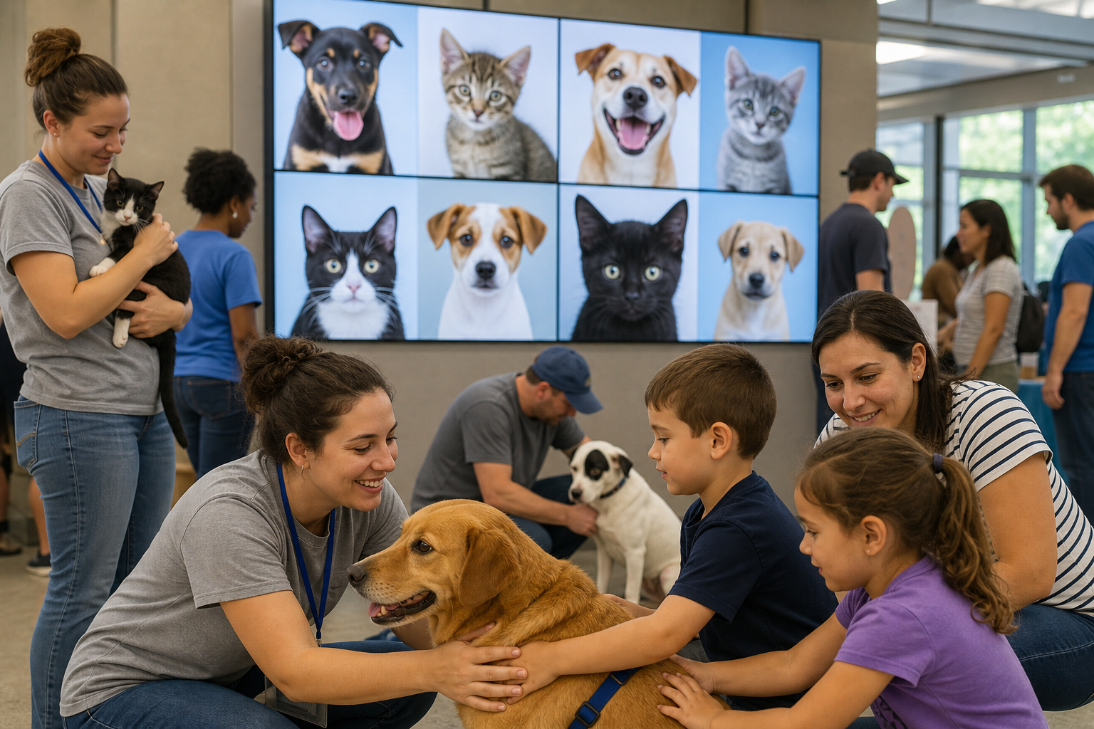LED screen showing adoptable dogs at indoor shelter adoption event