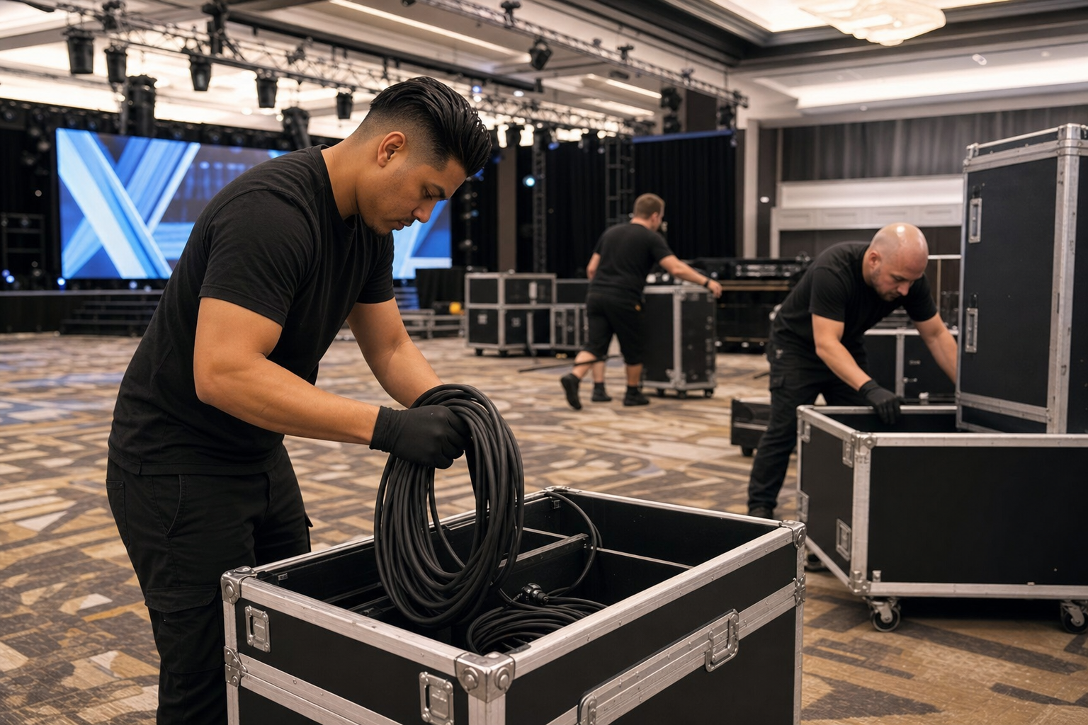 Event crew conducting post-event equipment teardown and cable management
