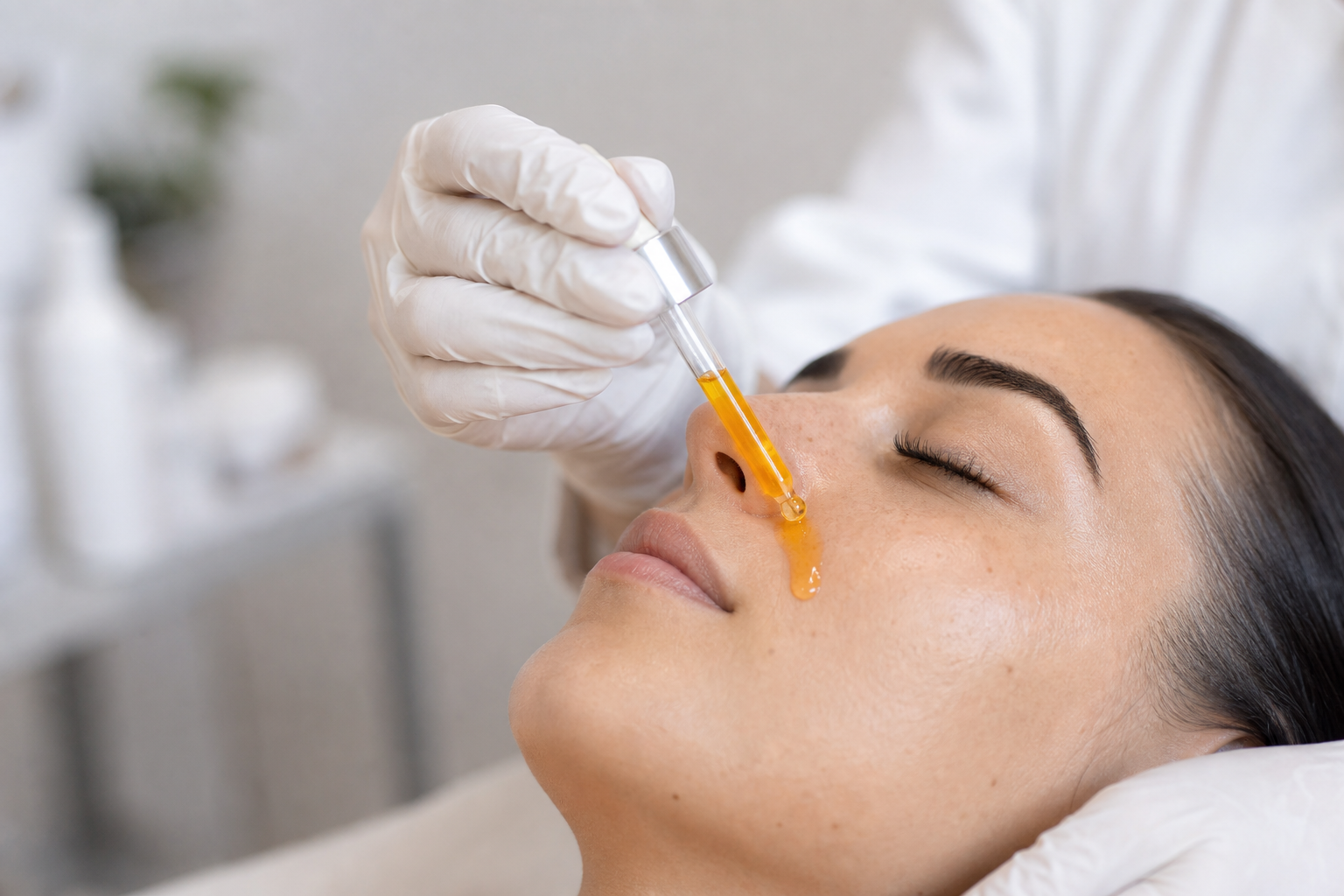 Professional vitamin C serum being applied during facial treatment