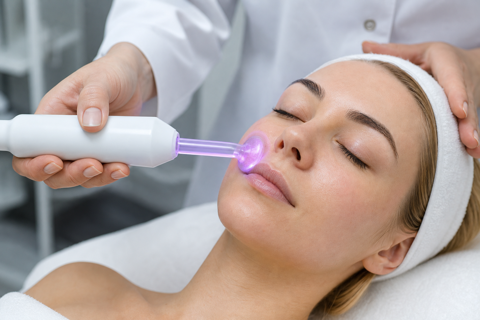 High frequency facial wand with violet electrode treating skin