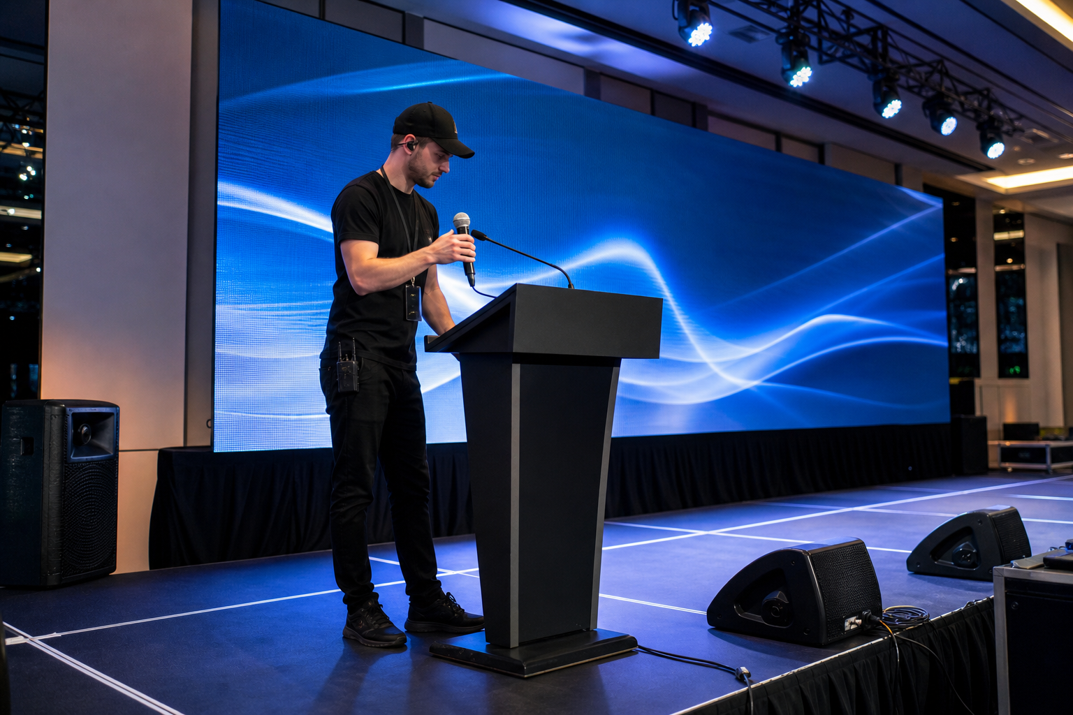 Sound check before corporate event with technician testing microphones and LED screen