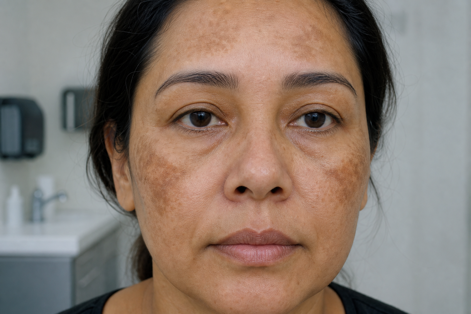 Woman's face showing melasma pigmentation on cheeks and forehead