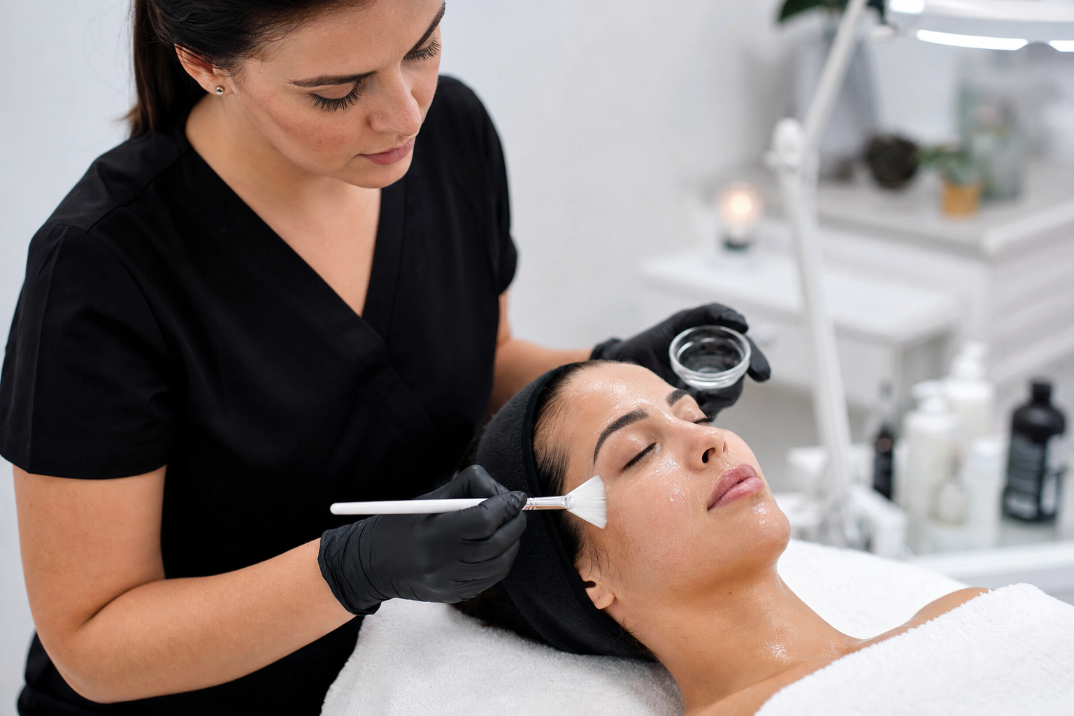 Esthetician applying chemical peel to client's face during melasma treatment