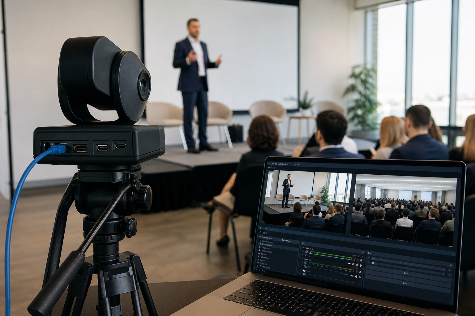 NDI camera on tripod streaming corporate presentation with laptop showing vMix interface
