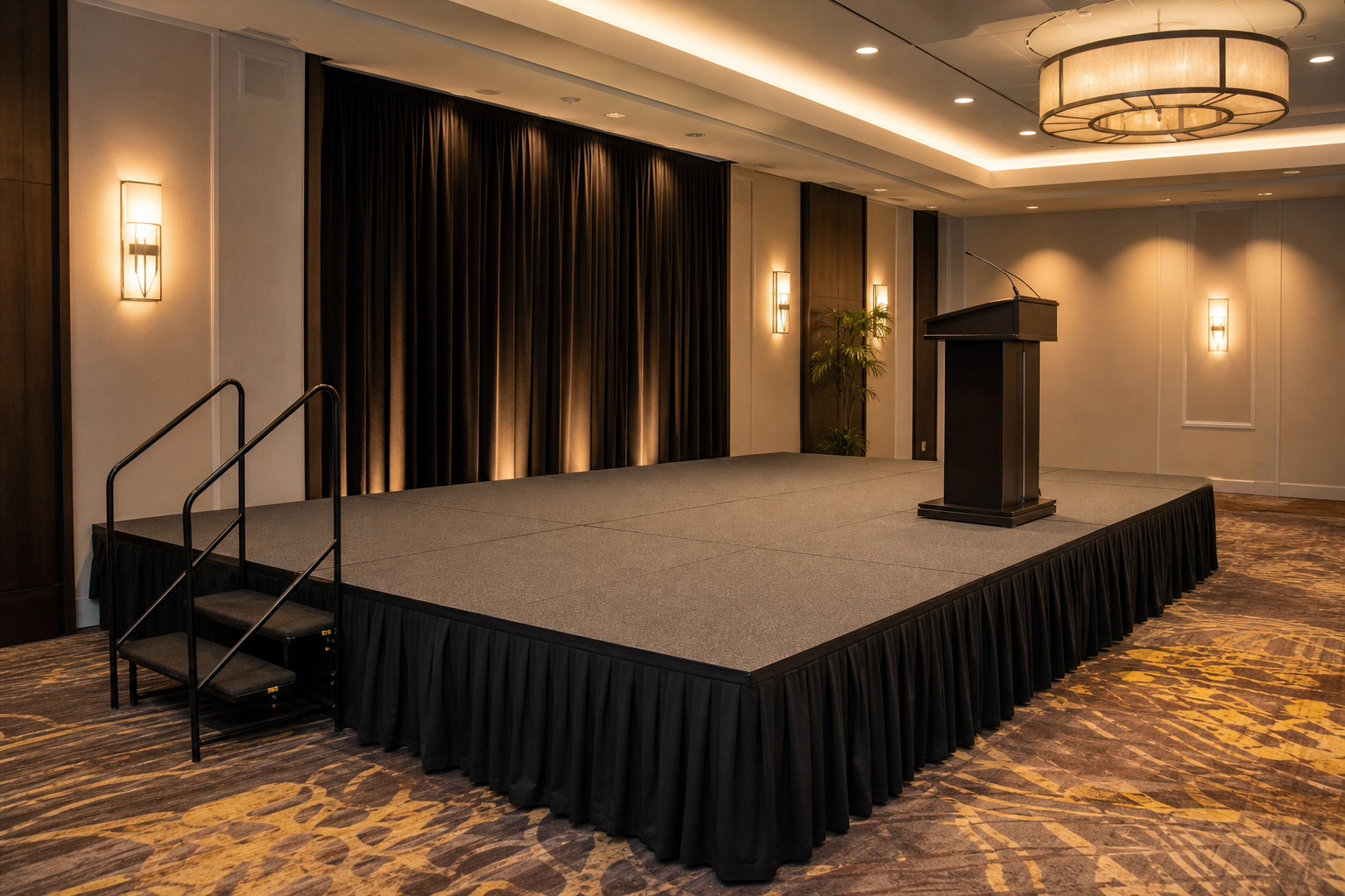 16-inch portable stage platform with black skirting and stairs in hotel ballroom for corporate presentation