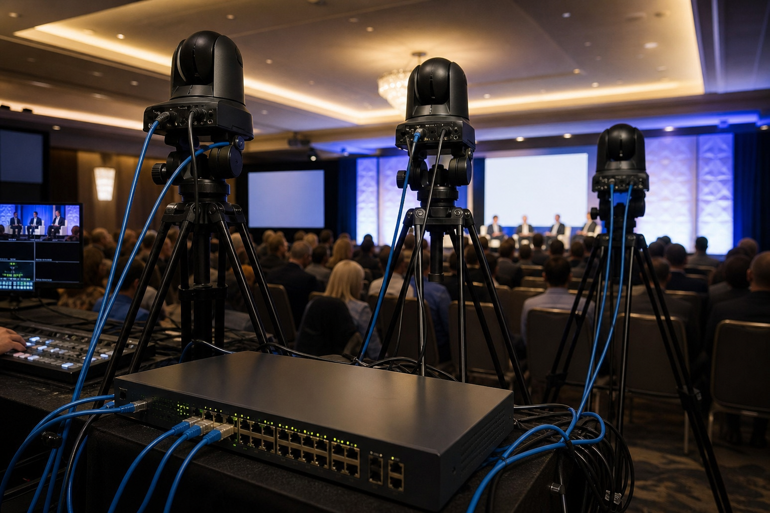 Corporate hybrid meeting setup showing multiple NDI cameras and network switch with Ethernet cables