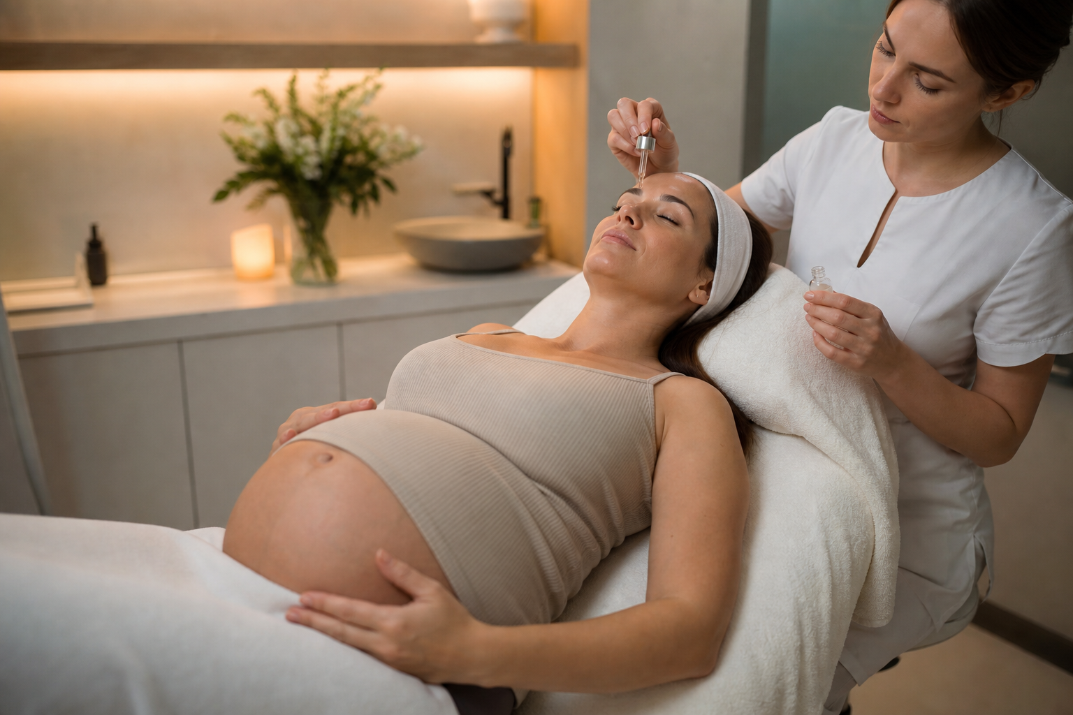 Pregnant woman receiving gentle hydration facial in spa treatment room