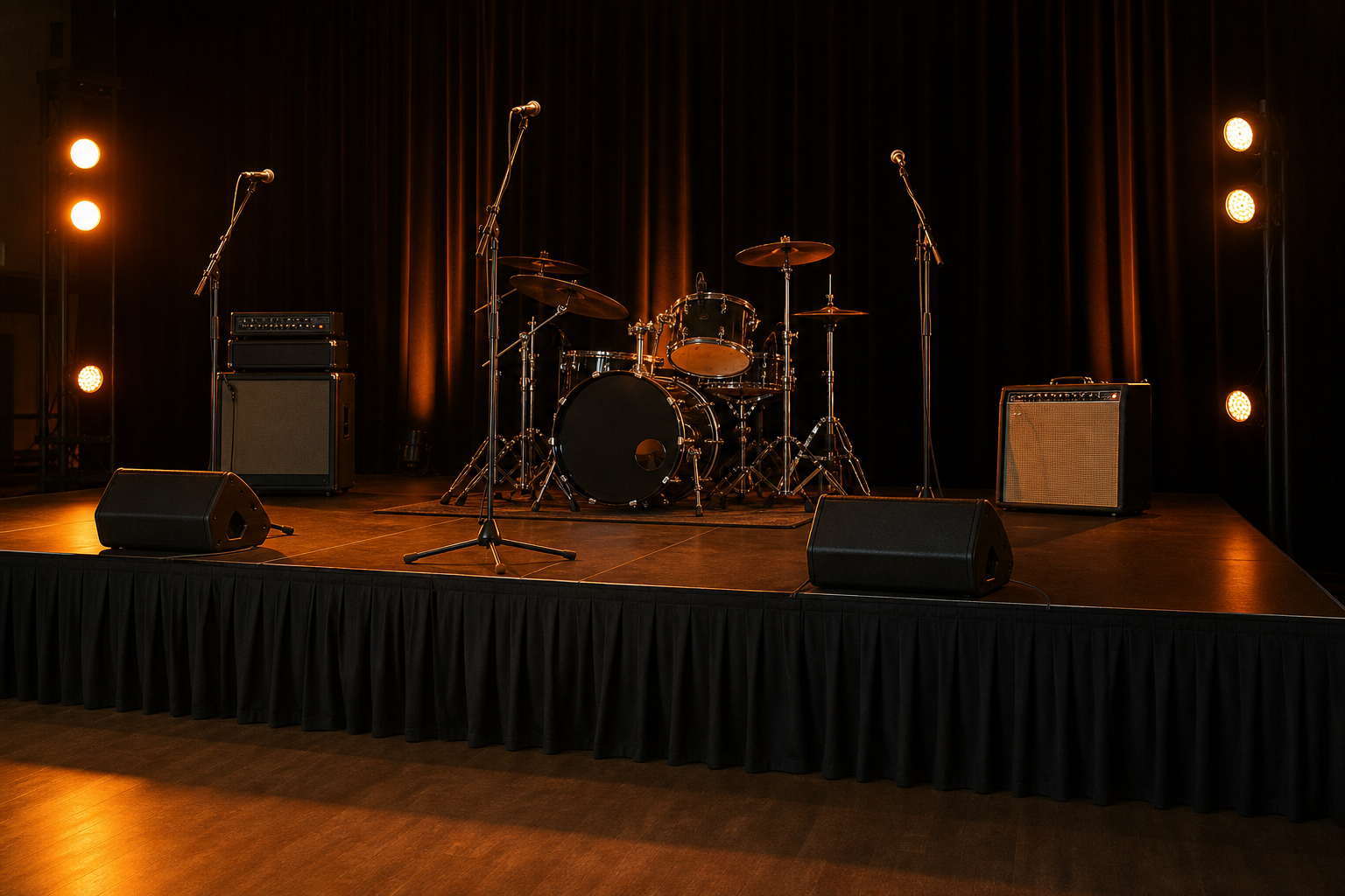 Modular stage with band equipment including drum kit and amplifiers, 24-inch height with skirting