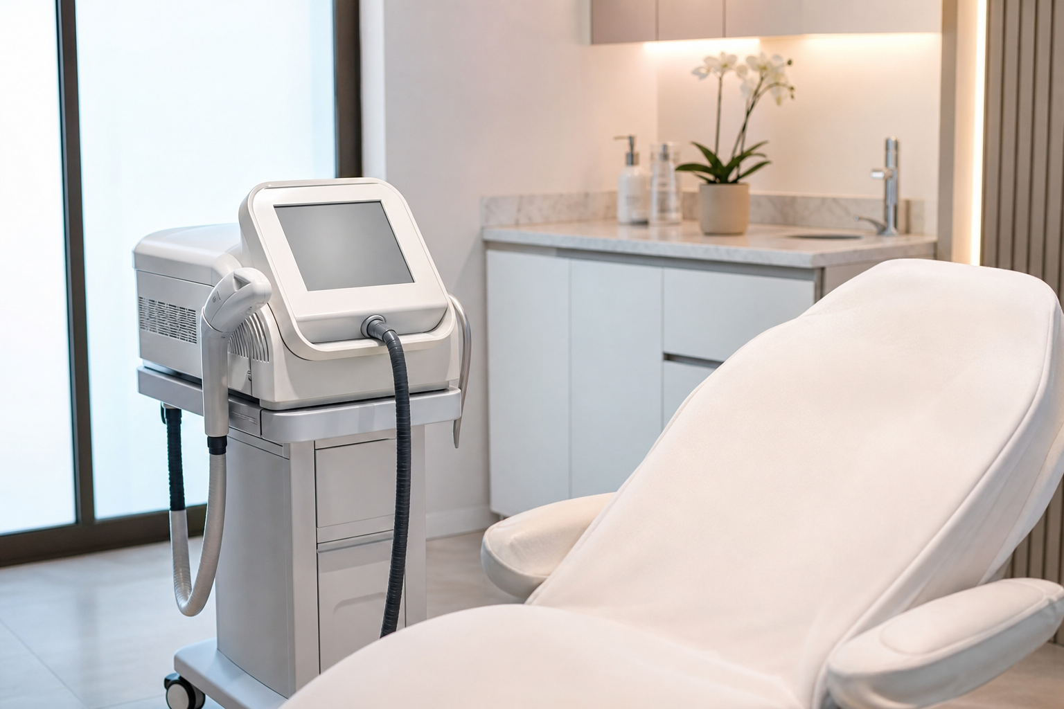 Laser hair removal treatment room with professional medical-grade equipment in San Francisco med spa