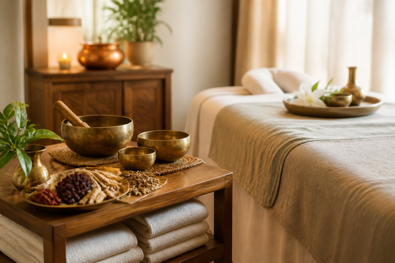 Singing bowls and herbal treatment setup in a calm Ayurvedic spa room