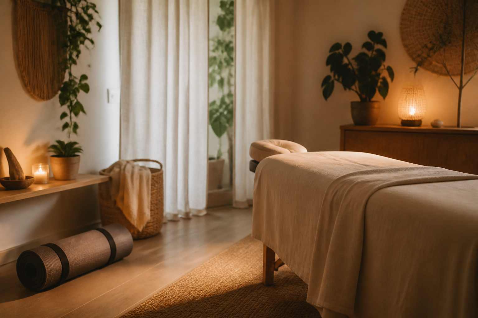 Peaceful post-yoga relaxation space with soft lighting for recovery massage