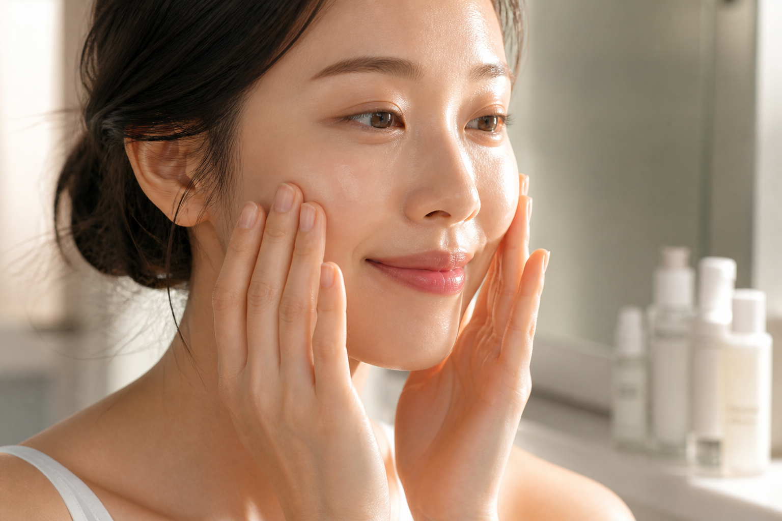 Applying hydrating essence as part of a Korean skincare routine