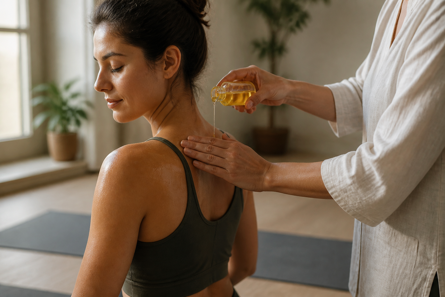 Warm oil massage being applied before a yoga session in a calm studio setting