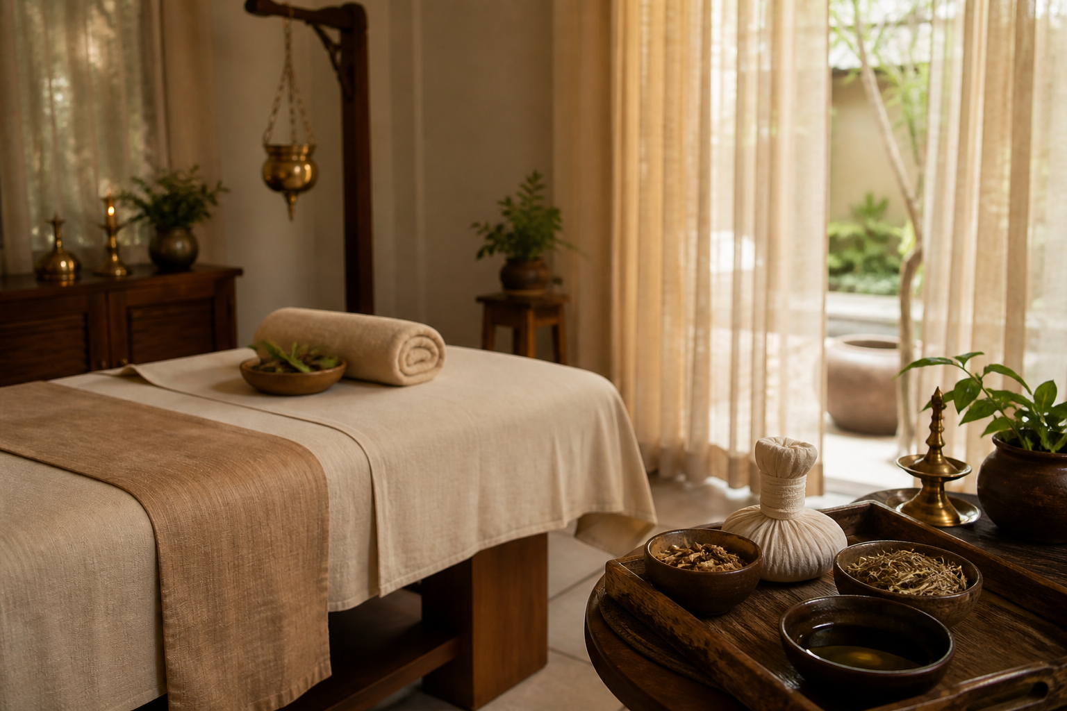 Calm Ayurvedic treatment room set up for marma point therapy