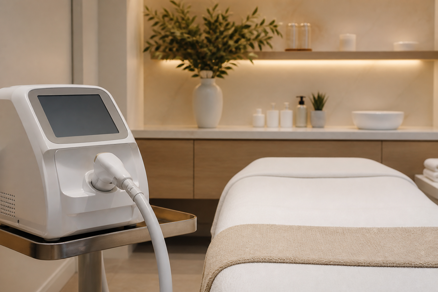 Modern laser hair removal treatment room at a med spa