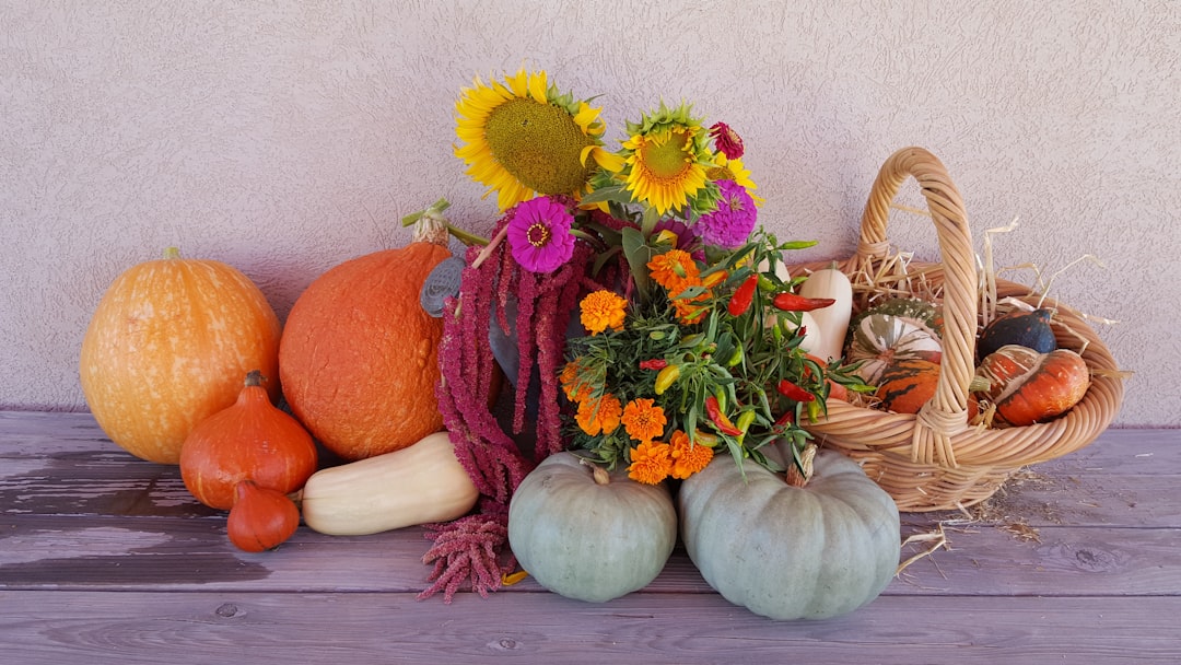 Pumpkins and seasonal produce arranged for autumn ritucharya routine