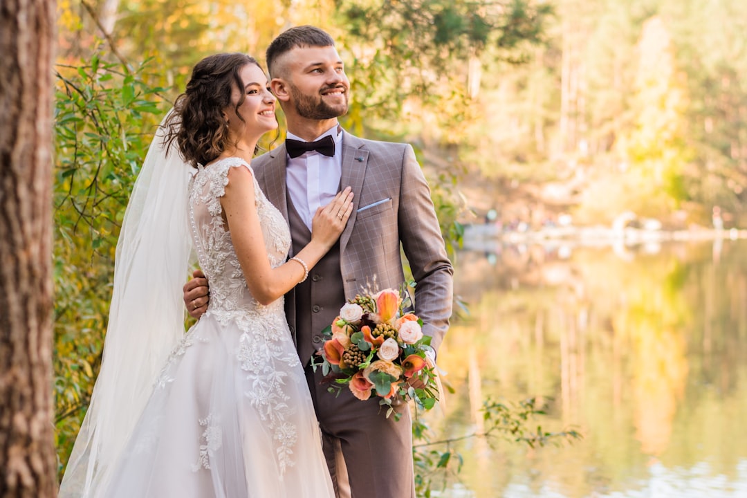 Bride and groom on their wedding day with glowing, healthy skin