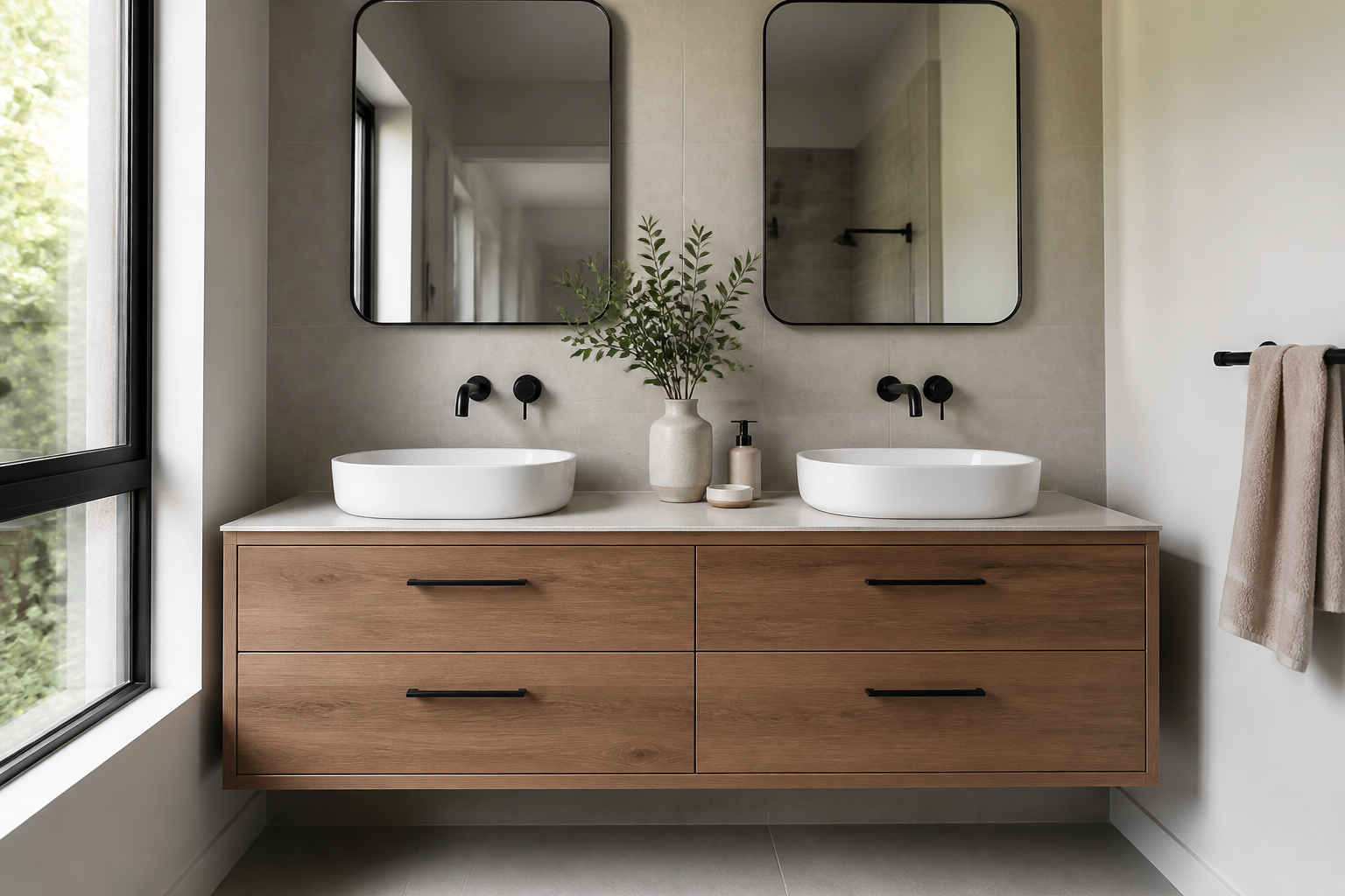 Modern floating bathroom vanity with double sinks