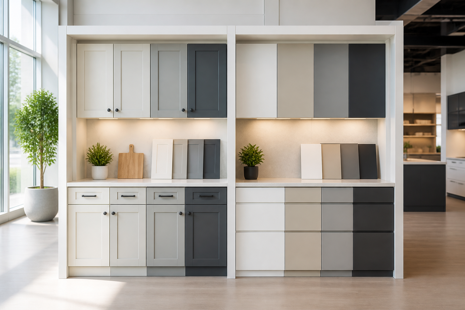 Kitchen cabinet samples showing different styles and price tiers in a design showroom