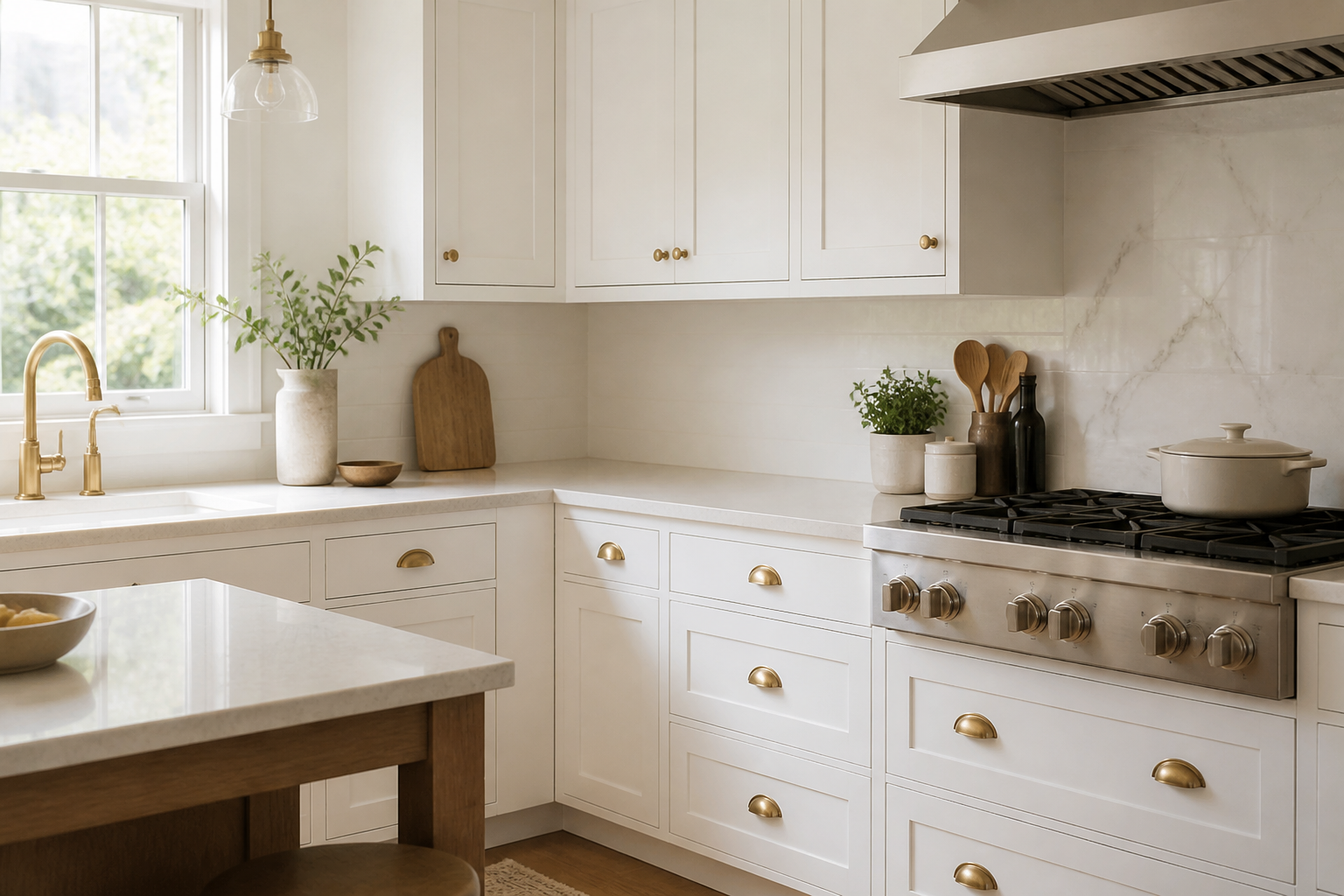 White shaker cabinet kitchen with brass hardware and natural light
