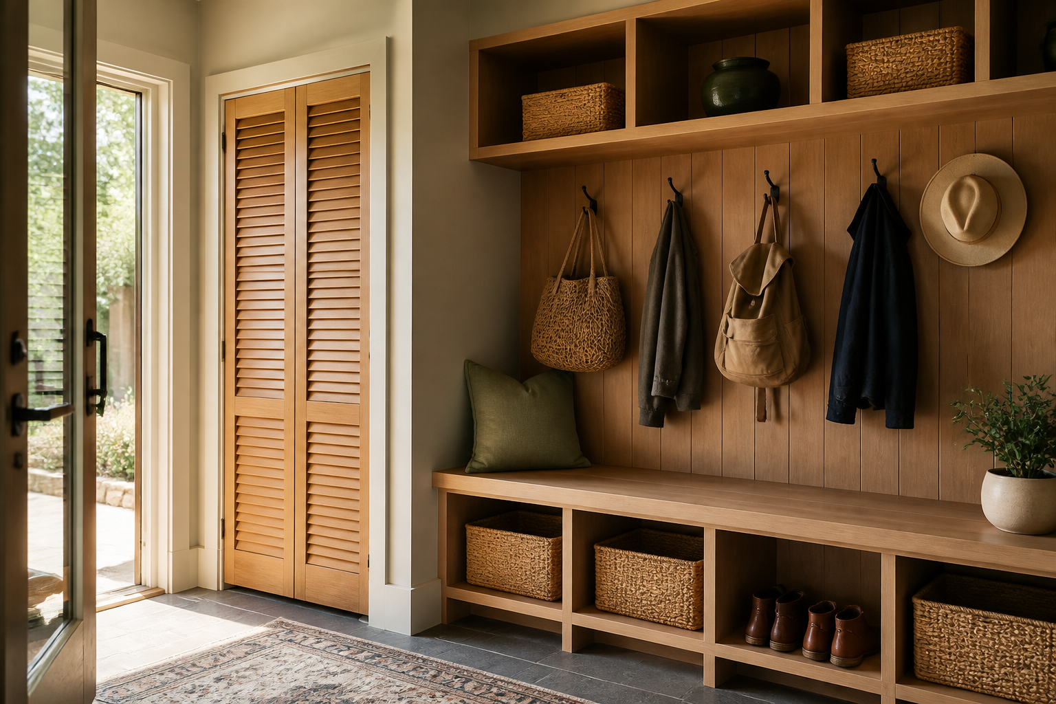 Custom entryway drop zone with cubbies, hooks, and closet storage