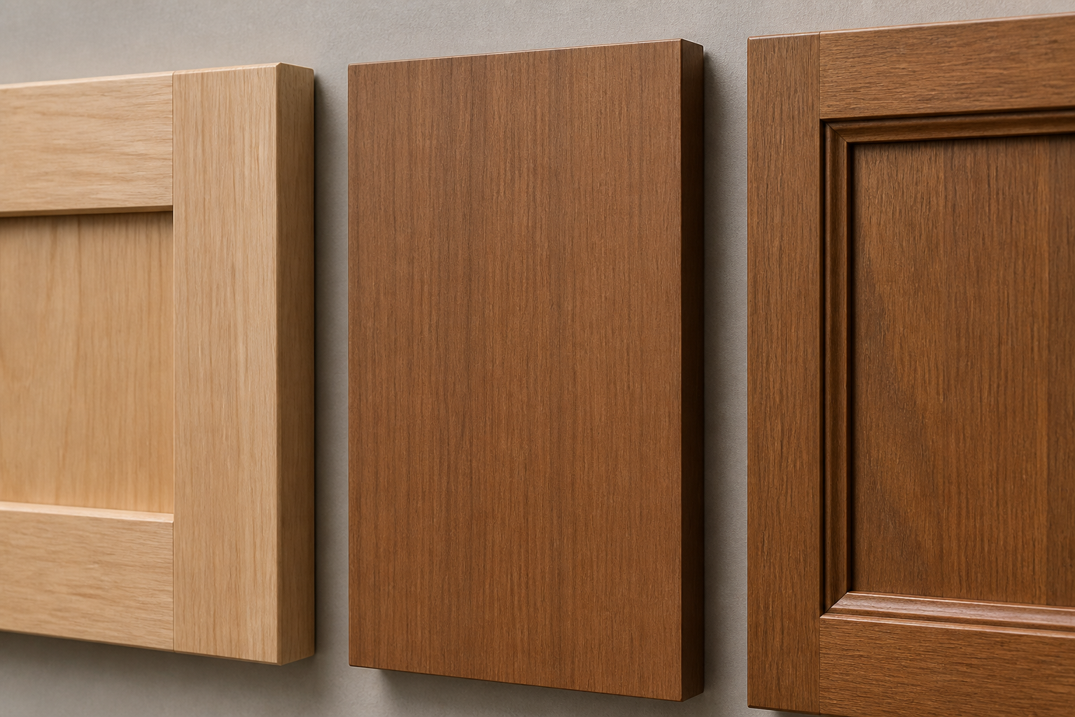 Close-up of kitchen cabinet door styles and overlay types on display