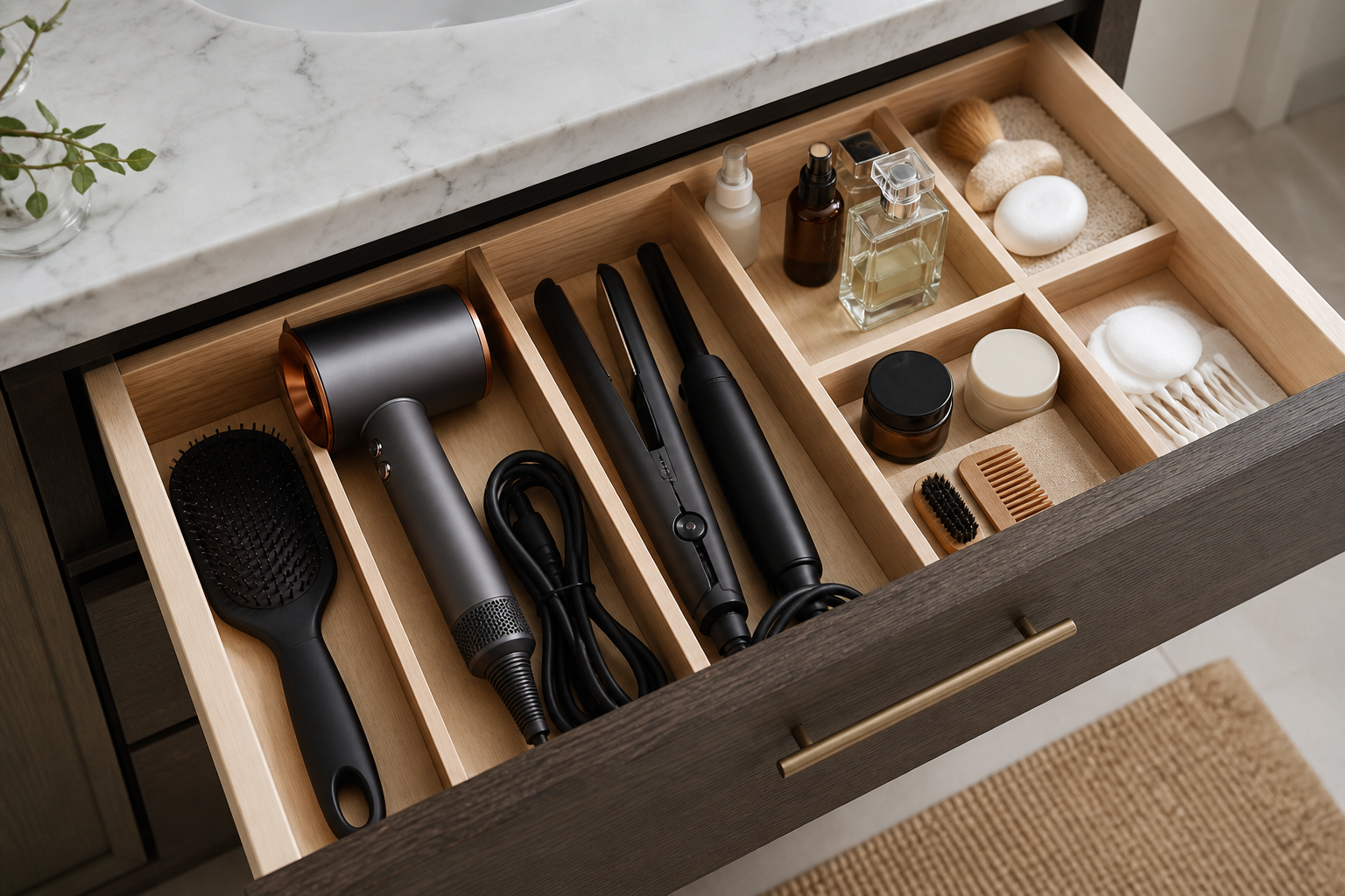 Bathroom vanity drawer organization with hair tools and grooming products