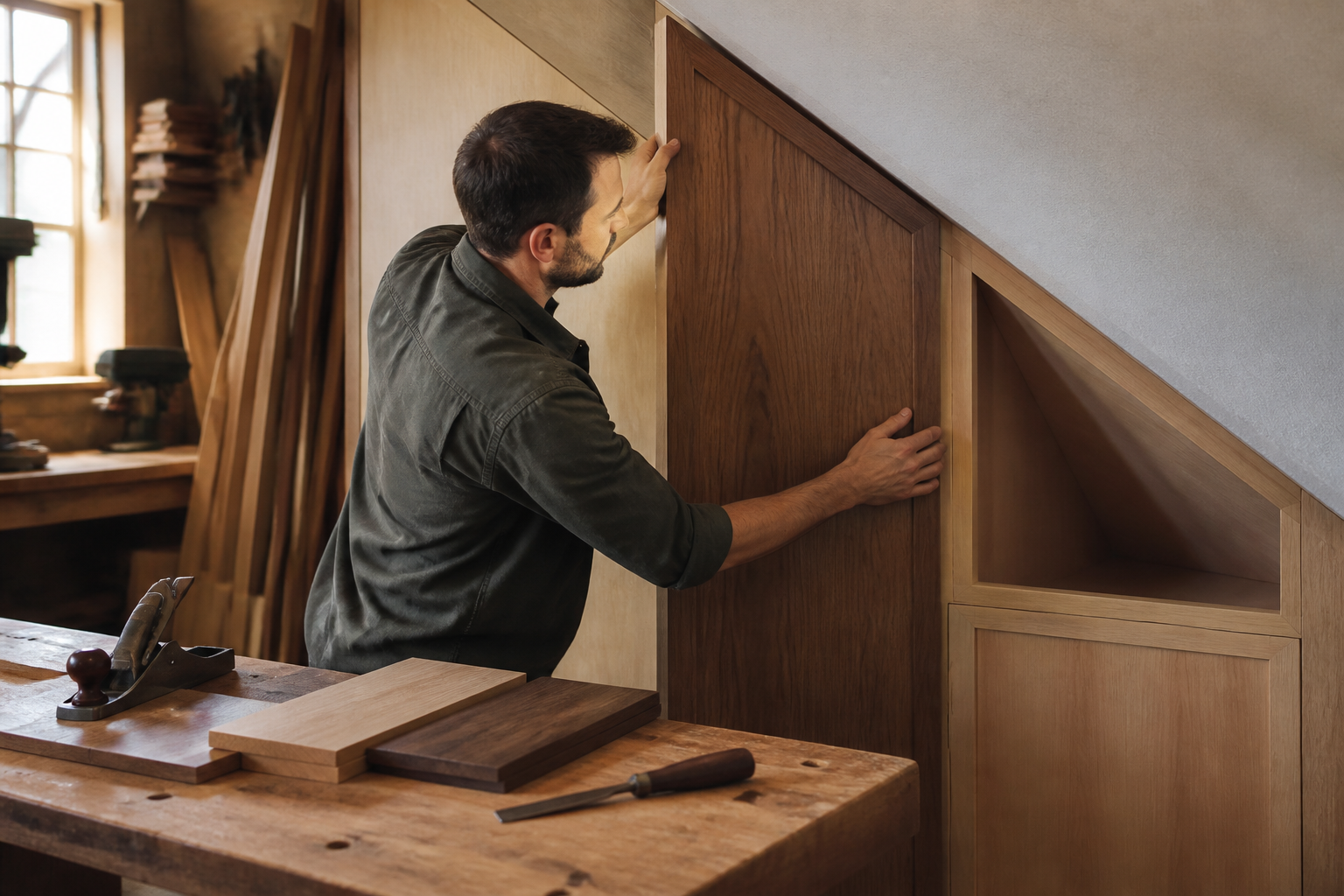 Custom cabinetmaker measuring and fitting a bespoke cabinet into an angled wall space