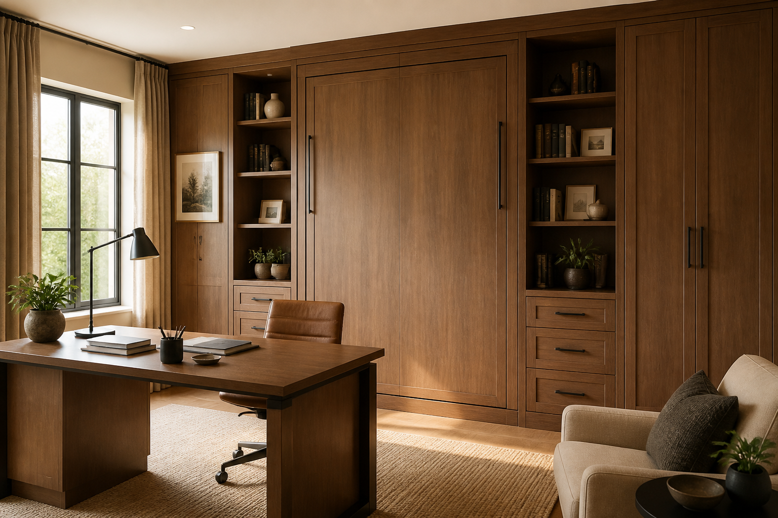 Murphy bed cabinet folded up with built-in wardrobe storage in a multi-purpose room