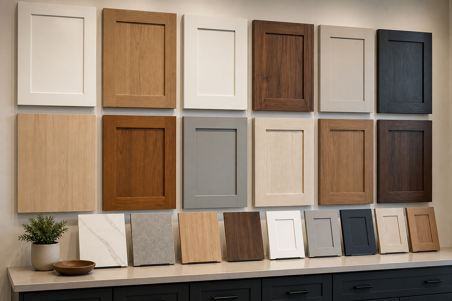Showroom display of multiple cabinet door style samples in different finishes