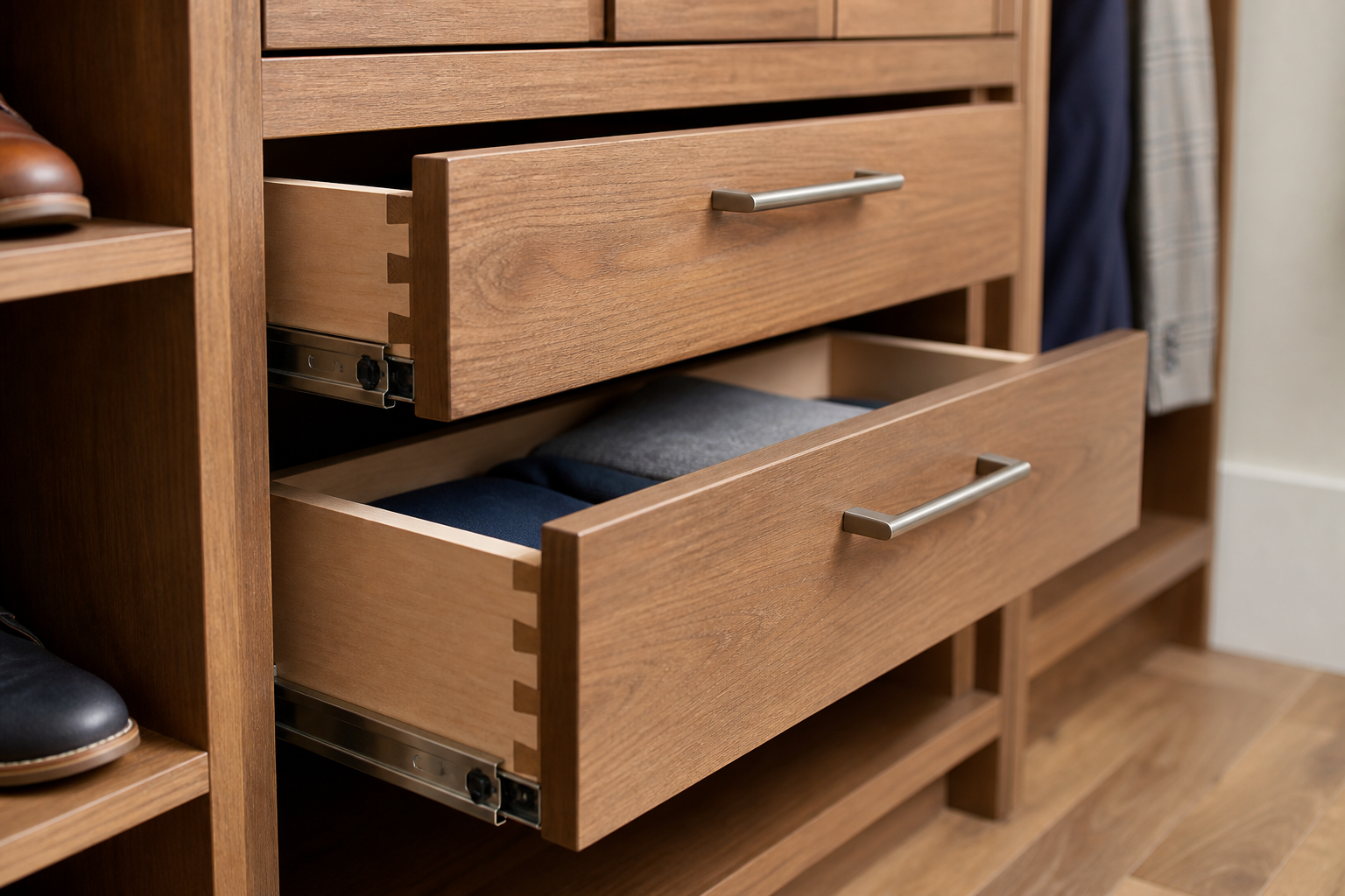 Close-up of closet drawer hardware and soft-close hinges