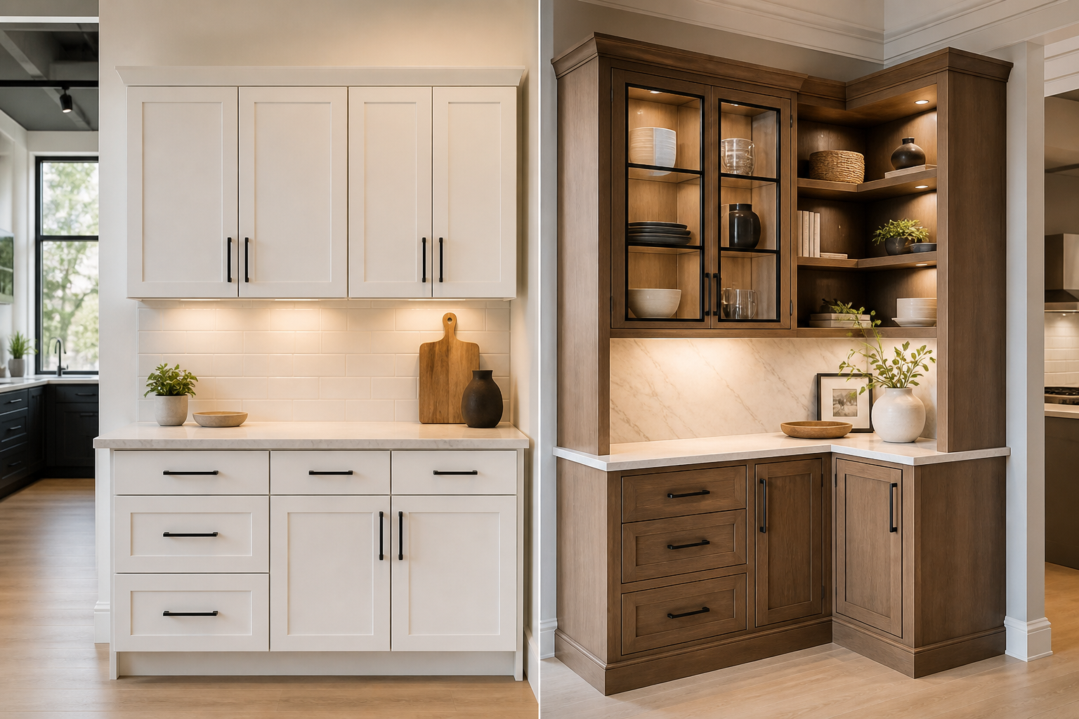 Showroom display comparing premade and custom cabinet configurations