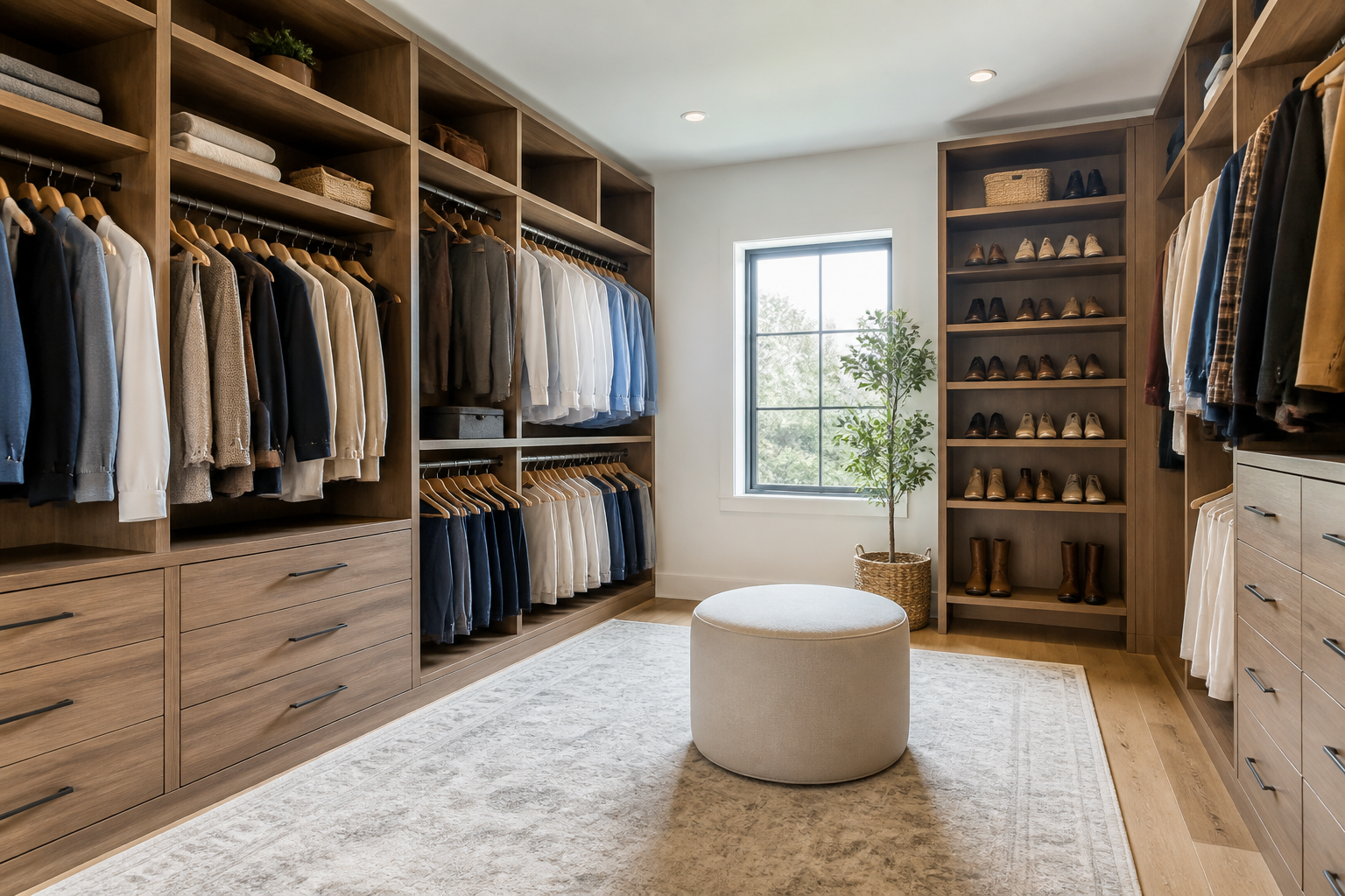Custom walk-in closet with L-shaped storage layout