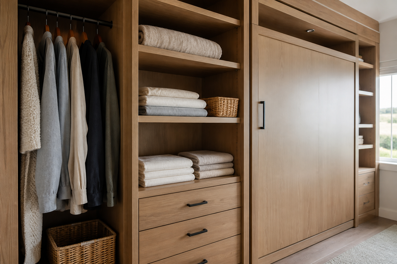 Built-in wardrobe cabinetry with hanging space and shelving beside a Murphy bed unit