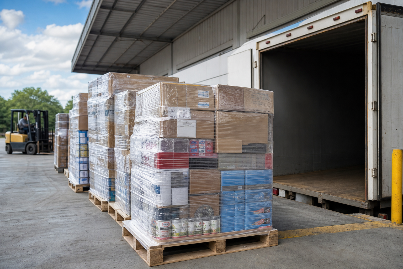 Pallets of freight staged for loading onto an LTL trailer at a dock