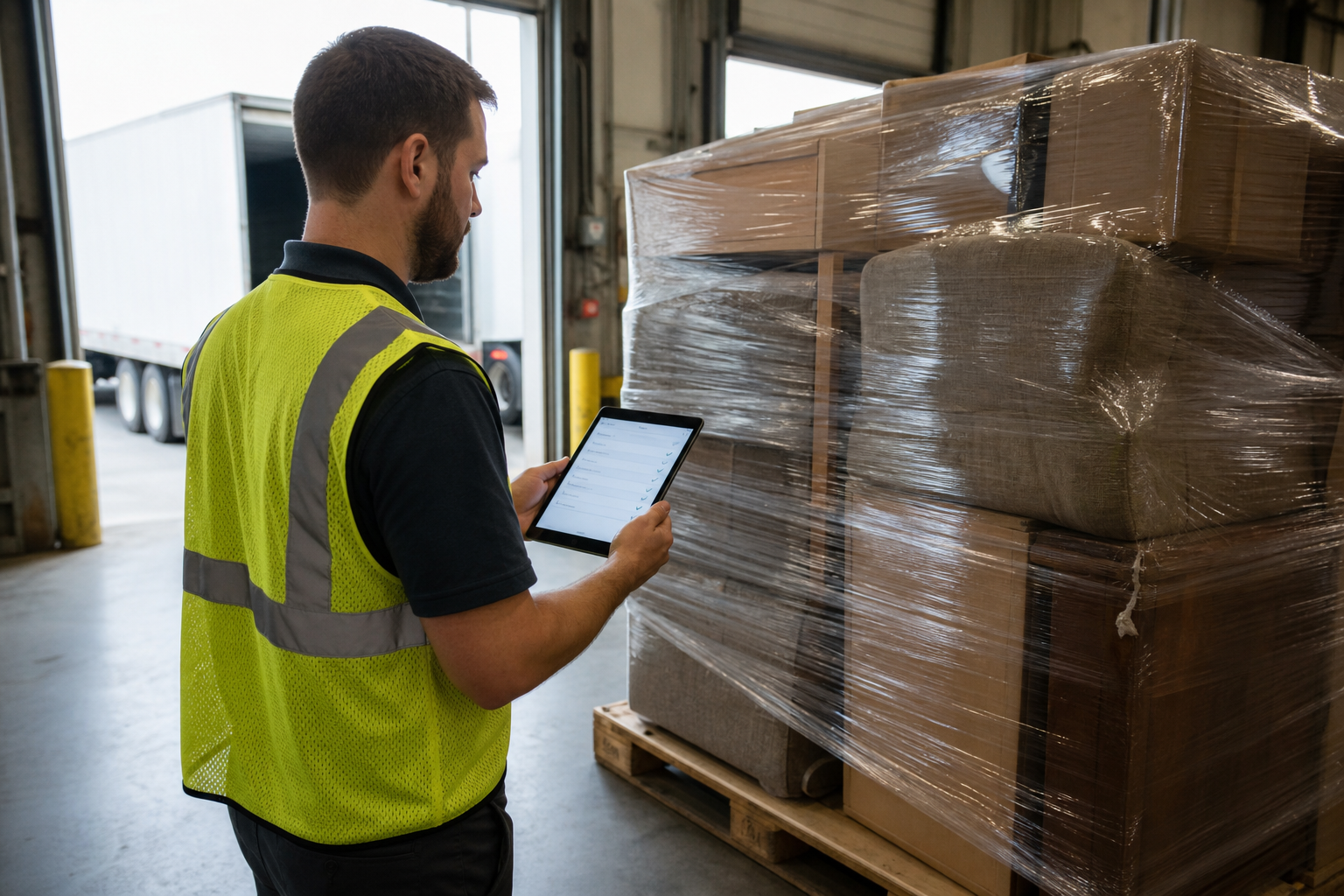 Warehouse worker inspecting palletized freight and documenting piece count before loading