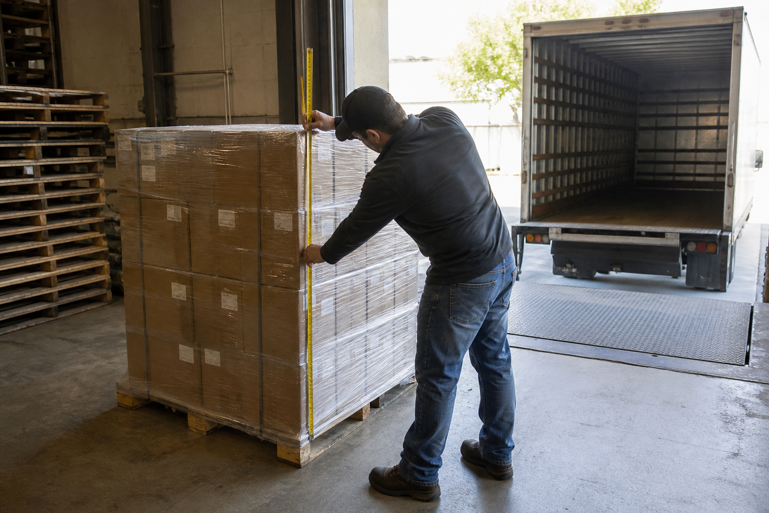 Warehouse worker checking pallet dimensions before loading onto a delivery truck