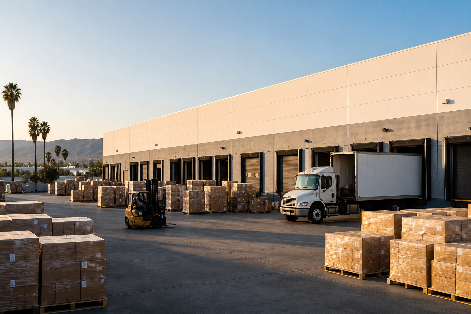 Pallets of imported goods staged at an Inland Empire warehouse dock ready for outbound freight