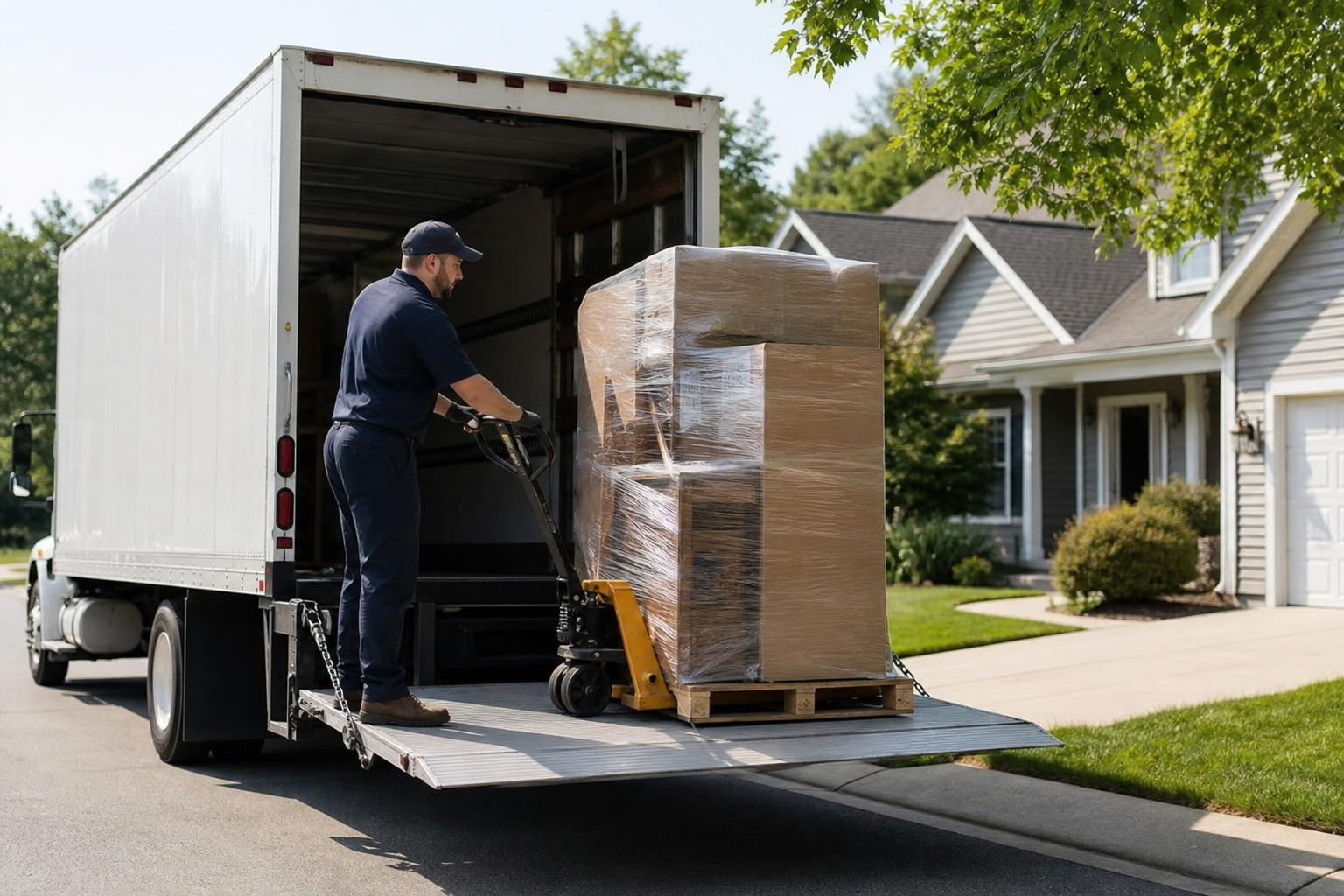 Delivery driver using a liftgate to unload a pallet at a residential driveway
