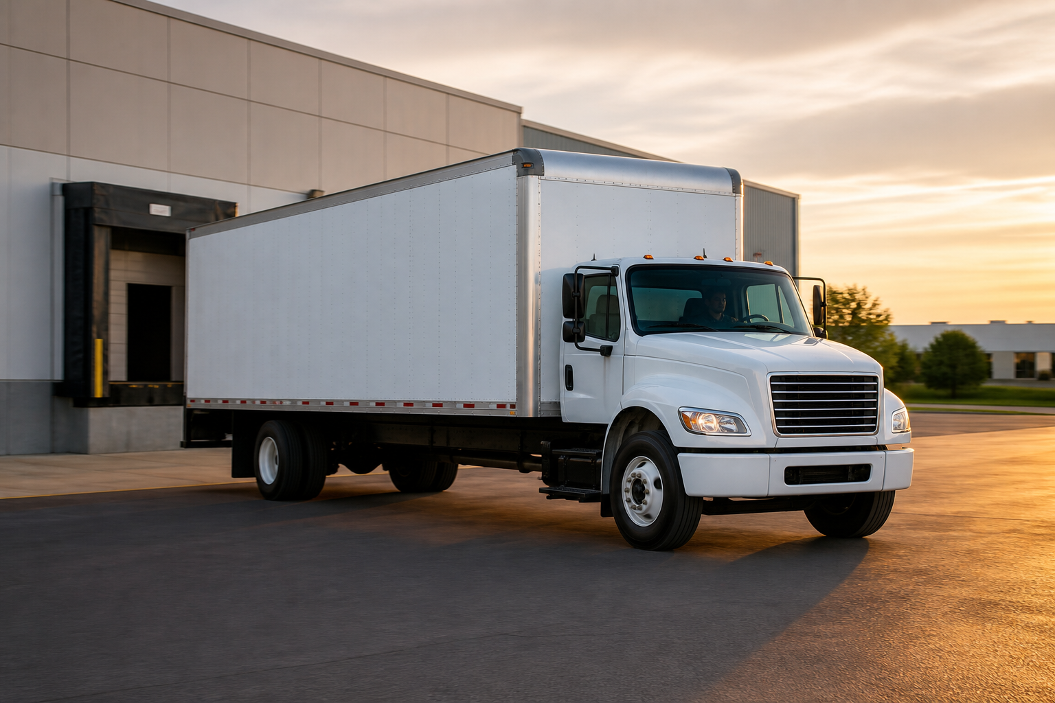 Box truck departing an Ontario California warehouse dock for a same-day delivery