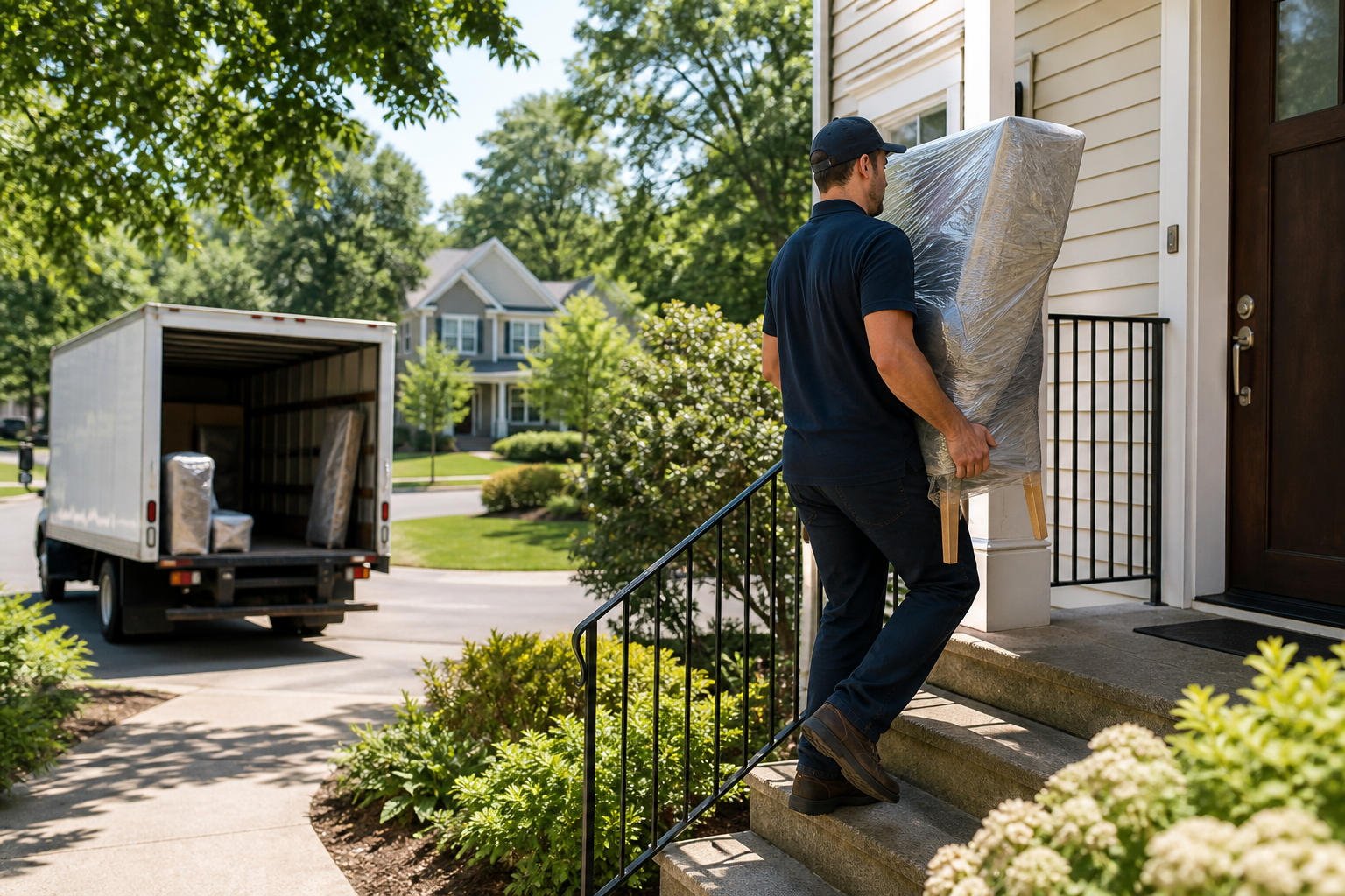Delivery driver carrying furniture up steps to a residential front door