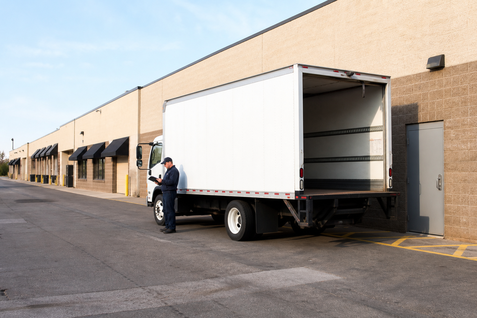 Delivery truck on a recurring milk run route making a scheduled stop at a retail loading area