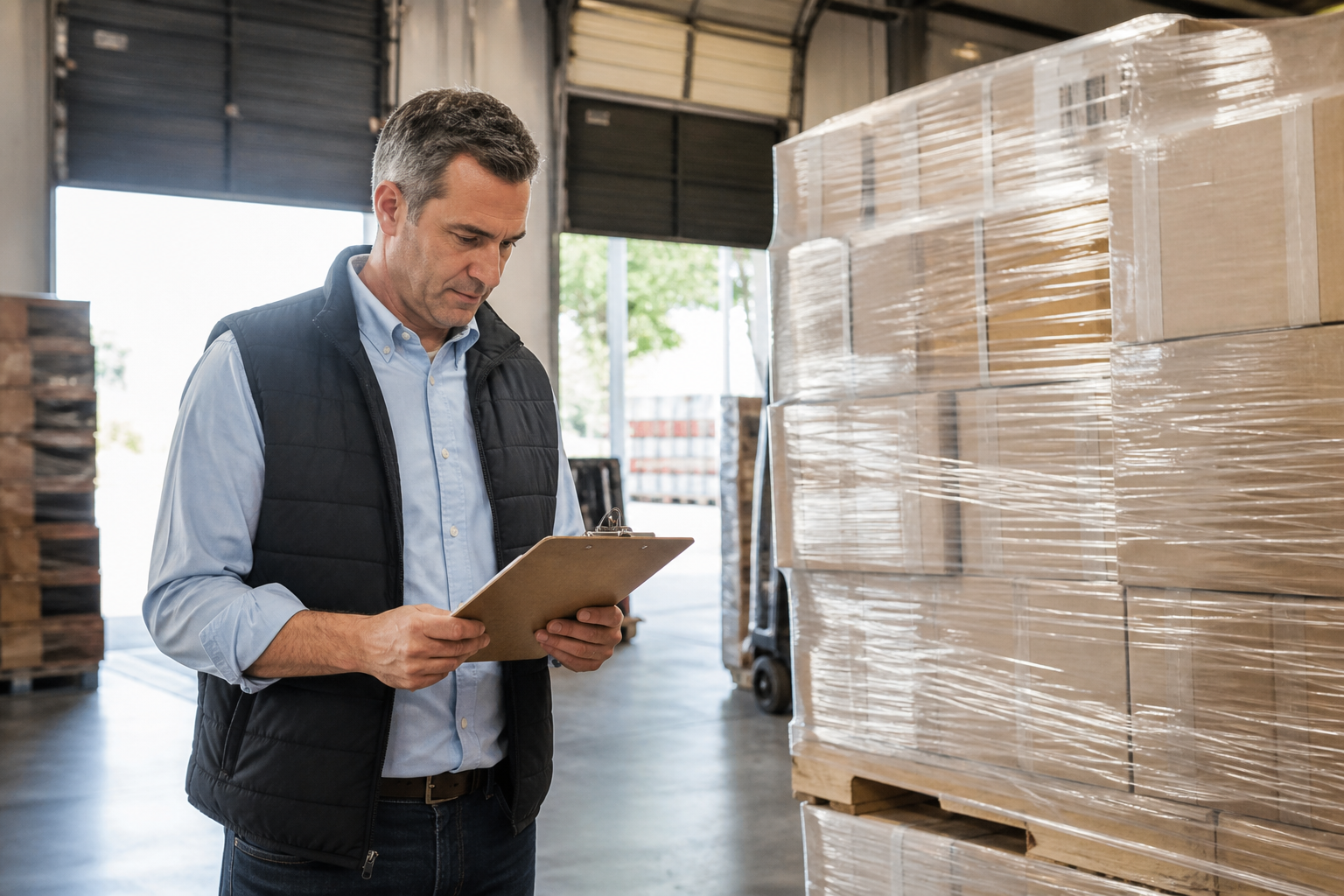 Warehouse manager reviewing shipment paperwork next to palletized freight