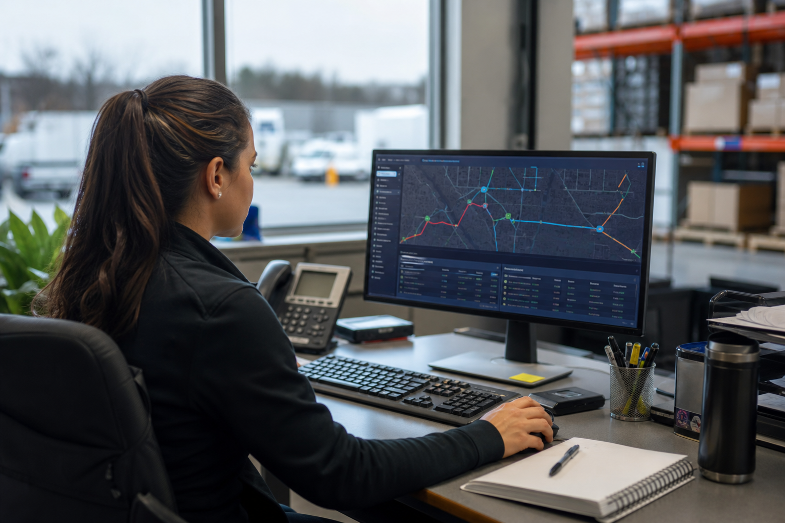 Dispatcher tracking multiple outbound freight shipments on a screen at a logistics office