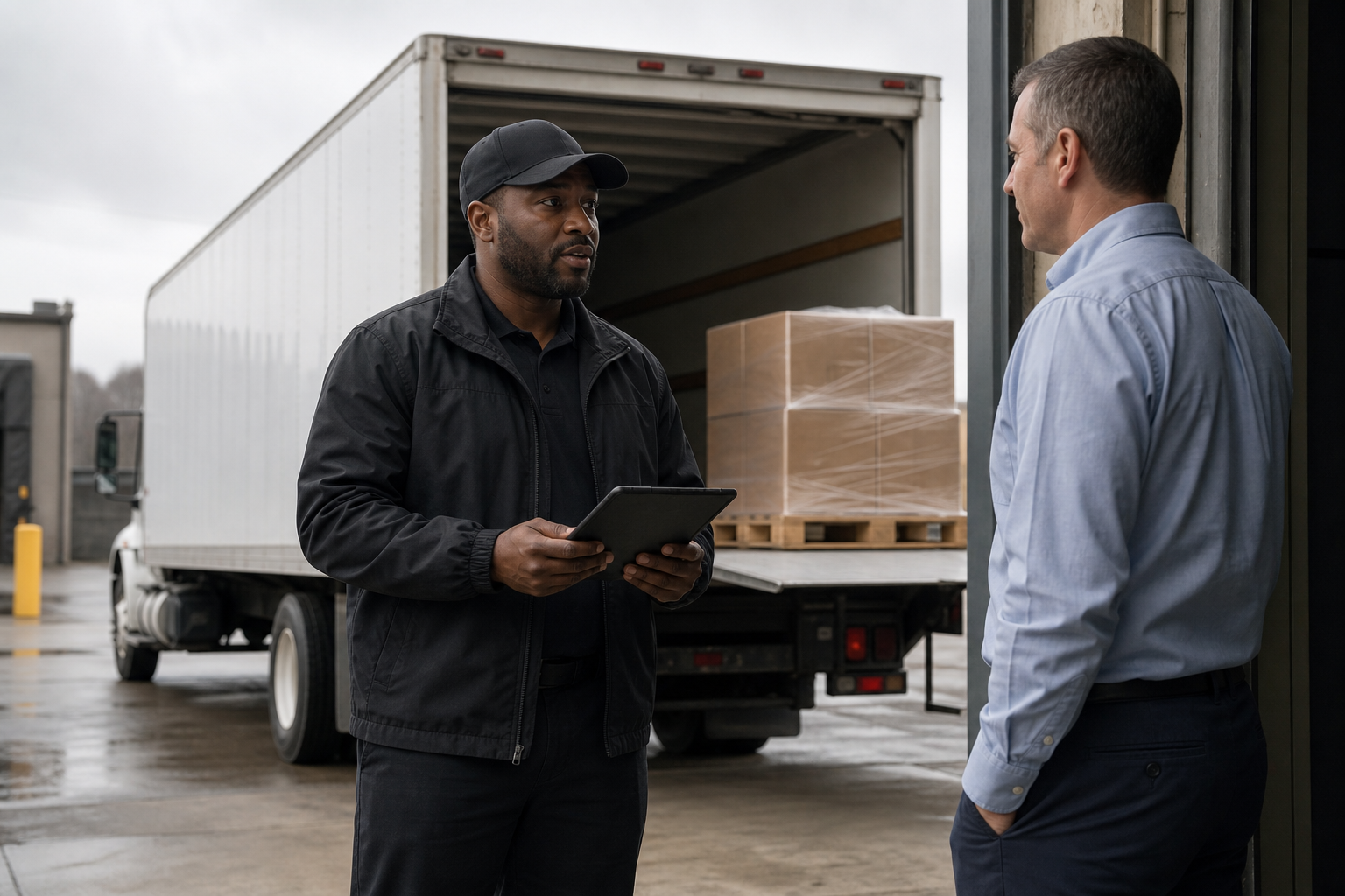 Delivery driver confirming details with a business receiver at a loading dock