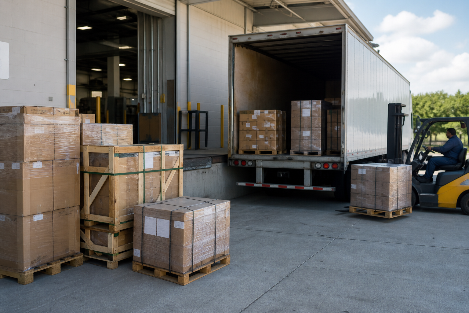 Palletized freight staged at a warehouse loading dock