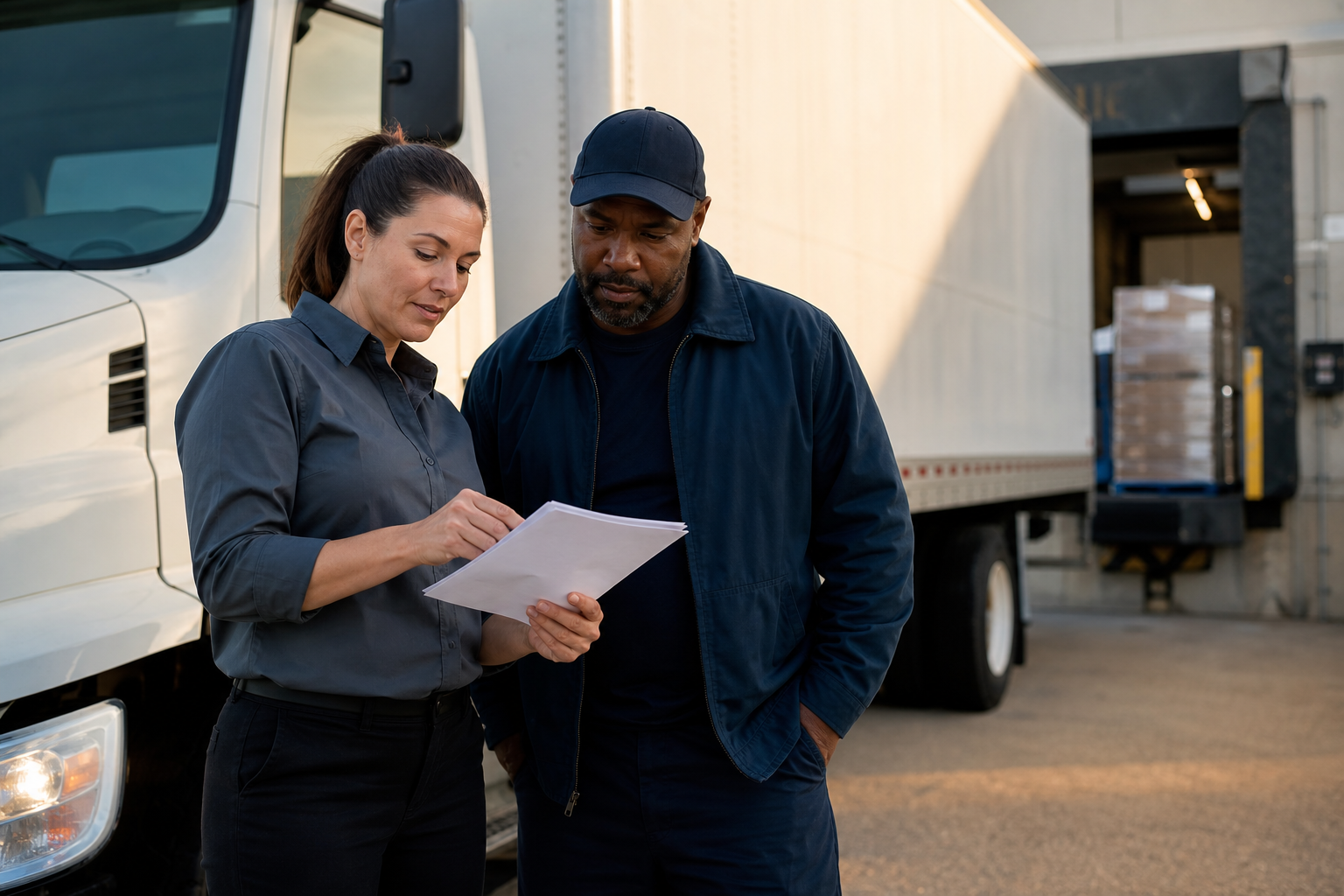 Freight dispatcher and truck driver coordinating a delivery at a loading dock